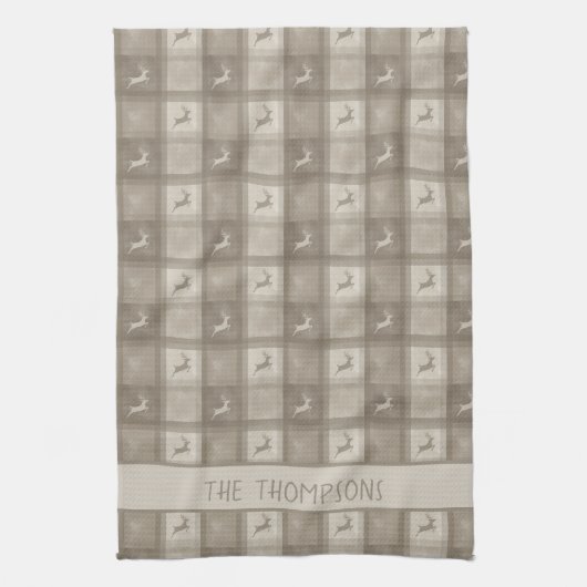 Beige Deer Plaid With Custom Family Name Christmas キッチンタオル (縦)