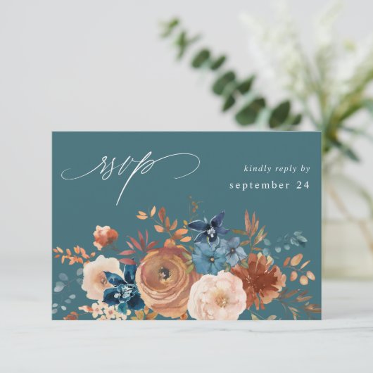 Beige & Dustyブルーフローラと食事RSVP -ティール(緑がかった色) 出欠カード (スタンド正面)