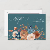 Beige & Dustyブルーフローラと食事RSVP -ティール(緑がかった色) 出欠カード (正面/裏面)