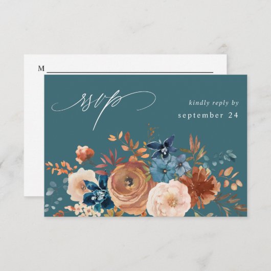 Beige & Dustyブルーフローラと食事RSVP -ティール（緑がかった色） 出欠カード (正面/裏面)