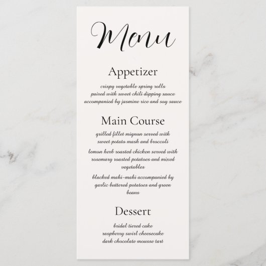 Beige Elegance Reception Menu メニュー (正面)