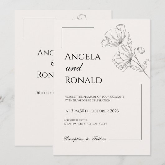 Beige Elegant Wedding Invitation Minimal Floral 招待状 (正面/裏面)