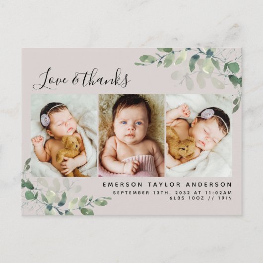 Beige Eucalyptus写真ベビーありがとうお知らせ ポストカード (正面)