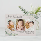 Beige Eucalyptus 3フォトベビー誕生統計 サンキューカード (スタンド正面)