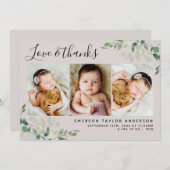 Beige Eucalyptus 3フォトベビー誕生統計 サンキューカード (正面/裏面)