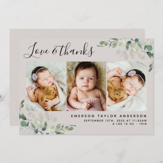 Beige Eucalyptus 3フォトベビー誕生統計 サンキューカード (正面/裏面)