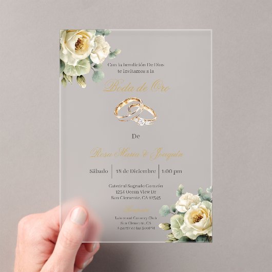  Beige flor blanca Boda de oro editable アクリル招待状 (インサイチュ (ポータブル))