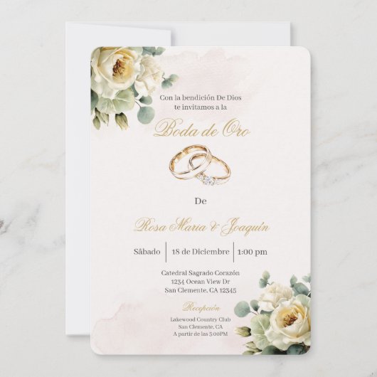  Beige flor blanca Boda de oro editable 招待状 (正面)