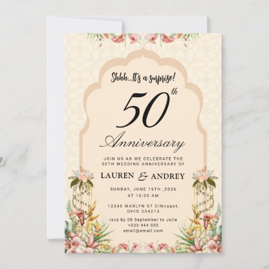 Beige Floral 50th Wedding Anniversary 招待状 (正面)