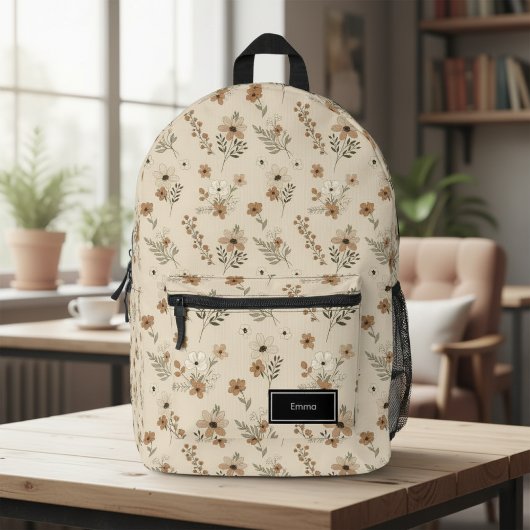 Beige Floral Backpack for Her, Customizable プリントバックパック