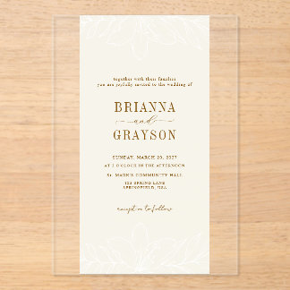 Beige Floral Elegant Minimalist Photo Back Wedding アクリル招待状