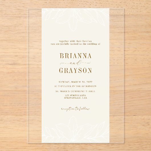 Beige Floral Elegant Minimalist Photo Back Wedding アクリル招待状 (正面)