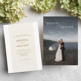 Beige Floral Elegant Minimalist Photo Back Wedding 招待状