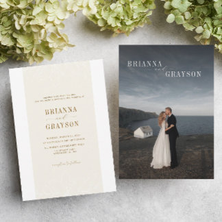 Beige Floral Elegant Minimalist Photo Back Wedding 招待状