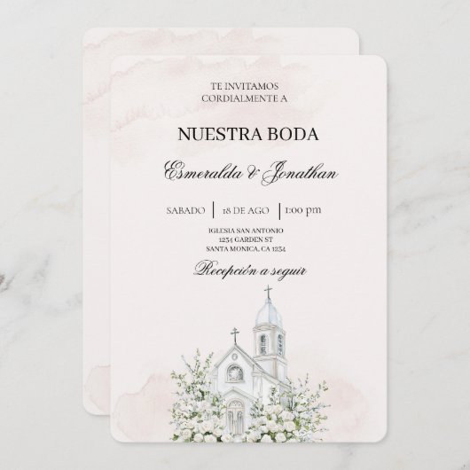 Beige Floral Spanish church Wedding Invitation 招待状 (正面/裏面)