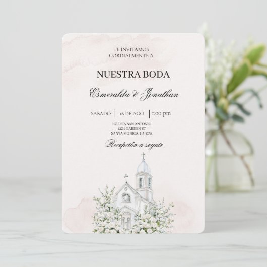 Beige Floral Spanish church Wedding Invitation 招待状 (スタンド正面)
