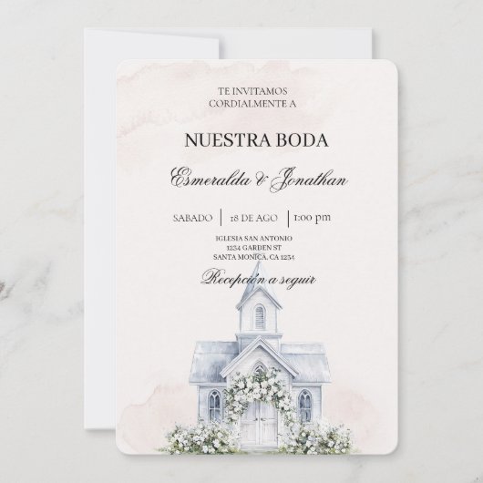 Beige Floral Spanish church Wedding Invitation 招待状 (正面)