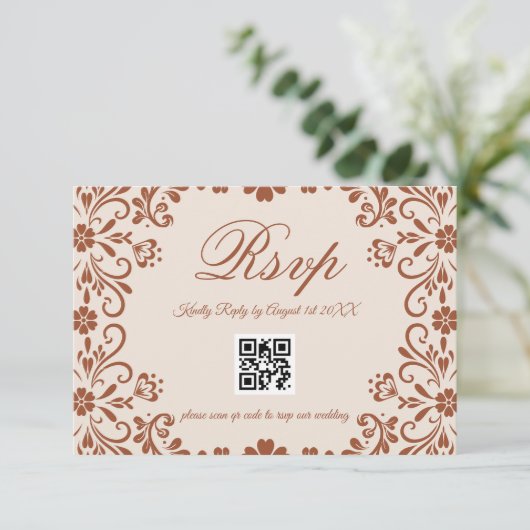 Beige Floral Wedding QR 出欠カード (スタンド正面)