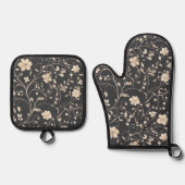 Beige floral with dark background 鍋つかみ&鍋敷きセット (正面)