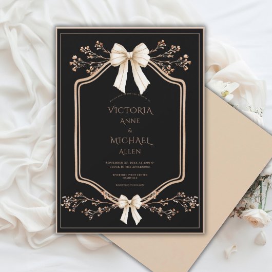 Beige Frame Floral Elegant Black Wedding  招待状