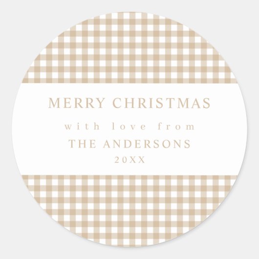 Beige Gingham Christmas ラウンドシール (正面)
