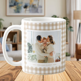 Beige Gingham Custom Photo コーヒーマグカップ
