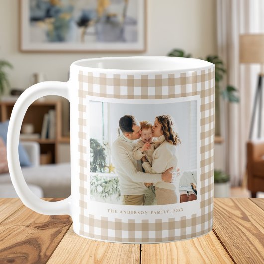 Beige Gingham Custom Photo コーヒーマグカップ