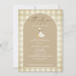 Beige Gingham Little Goose Brown Bow Baby Shower 招待状