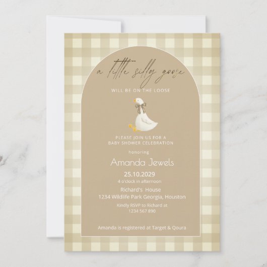 Beige Gingham Little Goose Brown Bow Baby Shower 招待状 (正面)