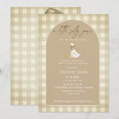 Beige Gingham Little Goose Brown Bow Baby Shower 招待状 (正面/裏面)