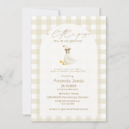 Beige Gingham Little Goose Brown Bow Baby Shower  招待状