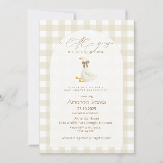 Beige Gingham Little Goose Brown Bow Baby Shower  招待状 (正面)