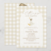 Beige Gingham Little Goose Brown Bow Baby Shower  招待状 (正面/裏面)
