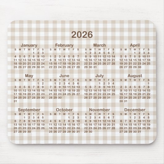Beige Gingham Plaid Brown 2026 Calendar マウスパッド (正面)
