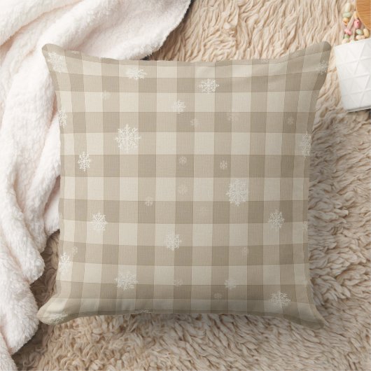 Beige Gingham Plaid Snowflake Throw Pillow – Warm クッション (ブランケット)