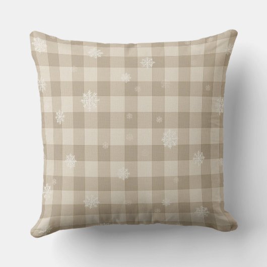 Beige Gingham Plaid Snowflake Throw Pillow – Warm クッション (裏面)