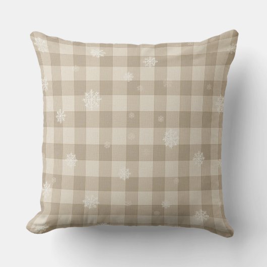 Beige Gingham Plaid Snowflake Throw Pillow – Warm クッション (正面)