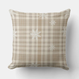 Beige Gingham Snowflake Throw Pillow –Cozy Neutral クッション