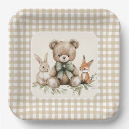 Beige Gingham Woodland Animals Baby Shower Plates ペーパープレート