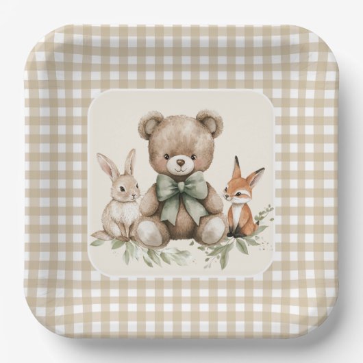 Beige Gingham Woodland Animals Baby Shower Plates ペーパープレート (正面)
