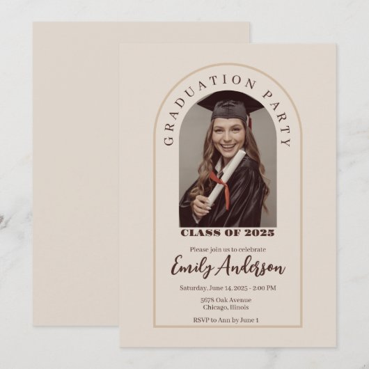 Beige graduation card with photo 招待状 (正面/裏面)