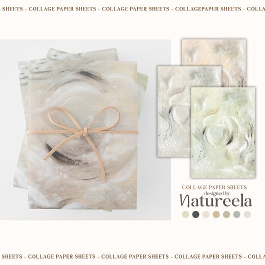 Beige Green Gray Abstract  Collage  ラッピングペーパーシート