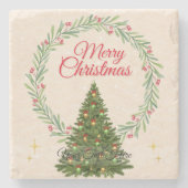 Beige & Green Minimalist Elegant Merry Christmas ストーンコースター (正面)