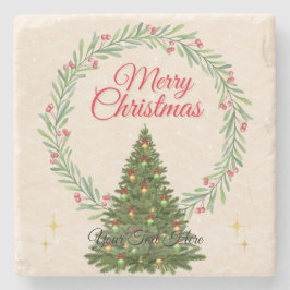 Beige & Green Minimalist Elegant Merry Christmas ストーンコースター
