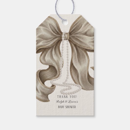Beige Ivory Bow Baby Shower Thank You ギフトタグ (正面)