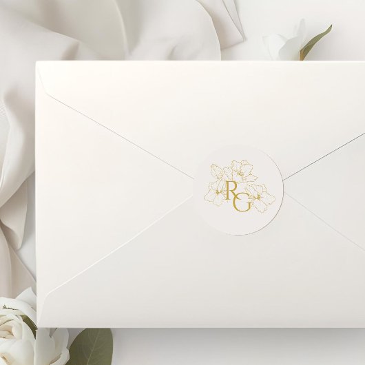 Beige Ivory | Floral Faux Gold Monogram Wedding  ラウンドシール