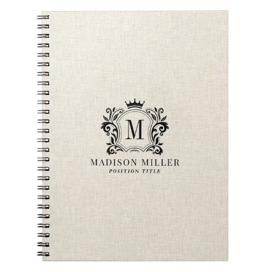 Beige Linen Black Royal Crest Crown Monogram ノートブック (正面)