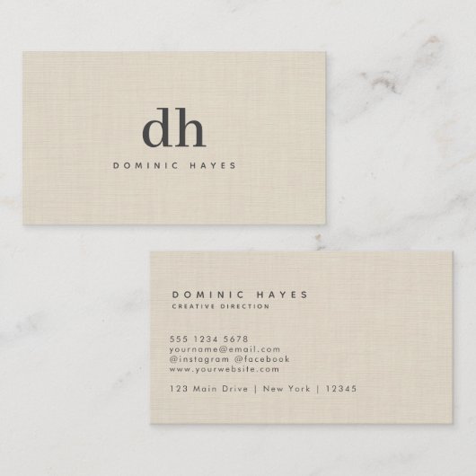 Beige Linen Creme Texture Minimal Elegant Monogram 名刺 (正面/裏面)