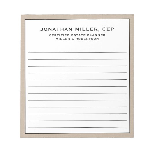 Beige Linen Lined Name Title Company Notepad ノートパッド (正面)