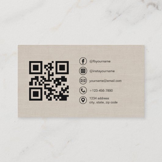 Beige Linen Photo with QR Code Social Media 名刺 (裏面)